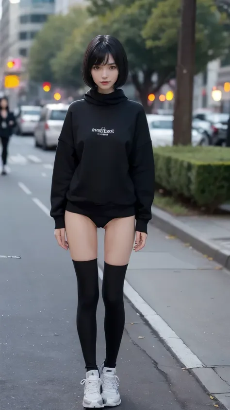 (((Standing posture:1.5))), (((Clothing:2.0, Knee-length sweatshirt:2.0, Knee-high socks:1.8, sneakers:1.5))), (Street Corner:1.5), ((A grin:1.3, Short Hair:1.2, slender:1.5, Small Ass:1.5)), ((Japanese, 1 Girl, 18-year-old, 7 heads, Ideal body proportions...