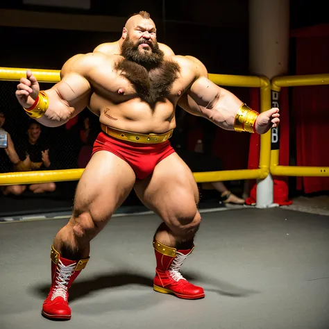 zangief,a man with a beard and a golden belt, fighting game character, street fighter 5,muscled humanoid,heavy looking,buff man,wrestler,Red short briefs,capcom,street fighter,shirtless,muscular male,chest hair,visually weighty,bearded man,mohawk hair,no w...