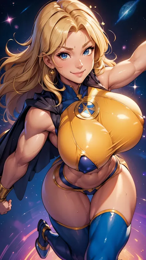 Digital Painting, Superhero, Muscle Girl in bodysuit, Korean idol face, blonde long hair in wind, smiling young girl, pose, fist up, Raise your arms, ((From above)), 1 ((Raise your knees)), tight ((((sagging massive breasts)))), mini skirt with frill, Flut...