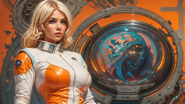 arafed image of a white woman in a futuristic suit with a spaceship in the background, movie art, in front of an orange background, inspired by Robert McGinnis, female protagonist, megastructure in the background, portrait of an ai astronaut, astronauts, a...