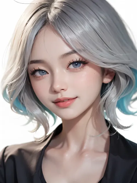 ((best quality)), ((masterpiece)), (detailed), perfect face. Asian girl. Smile. White hair. Blank T-shirt. Small breast. 