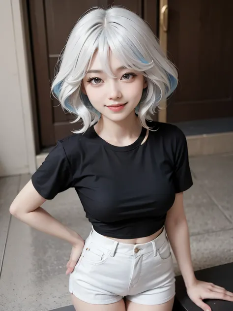 ((best quality)), ((masterpiece)), (detailed), perfect face. Asian girl. Smile. White hair. Blank T-shirt. Small breast. Short pants.