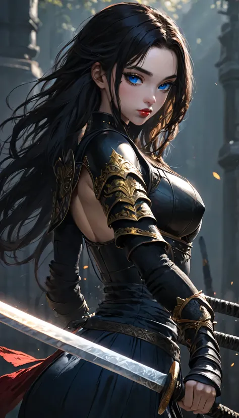 Woman, 1girl,warrior,  holding a katana, Blue eyes, red lips, Black armor with Golden details, full body, very aesthetic, natural light, intricate, masterpiece, absurdres, best quality, extremaly detailed eyes, gothic, ((long hair)), ((black hair)), ((unde...