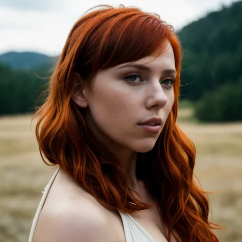 Red-haired Scarlett Johansson, ((age 36)), ((hyperrealism)), red hair with copper roots. Hair with copper roots, red hair, hair with bangs, hair up do, really long hair, sensual, side profile, nude, high contrast lighting, intricate details, Black Widow st...