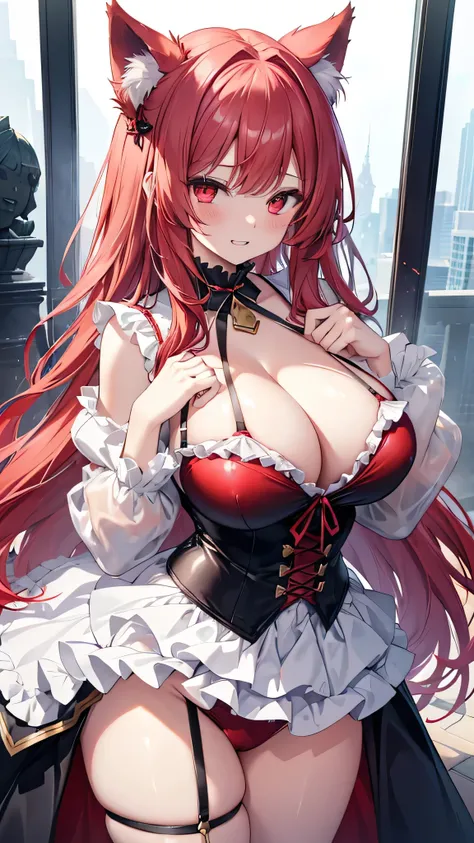 Wolf Woman, Big Breasts, Voluminous light red hair, One girl, masterpiece , Red eyes、Double teeth、tooth、Blushed cheeks、 hd, Head to Chest, buried in my chest、Underbust、Cleavage、Frilled bikini、Big Tits、Open your mouth wide、Grin、White Iris、