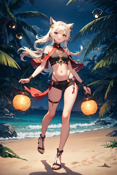 ((best quality)), ((masterpiece)), (detailed), perfect face, necromancer girl, crop top, beach, fireflies, night, full body