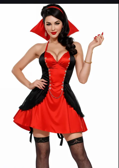 Full length photo of a girl, realistically portraying a 35 year old vampire woman she looks like Monica Bellucci sexy and emotional. she has black hair, creating a mysterious and sexy image. Model dressed in pin-up style with hair styled "victory rolls" lo...