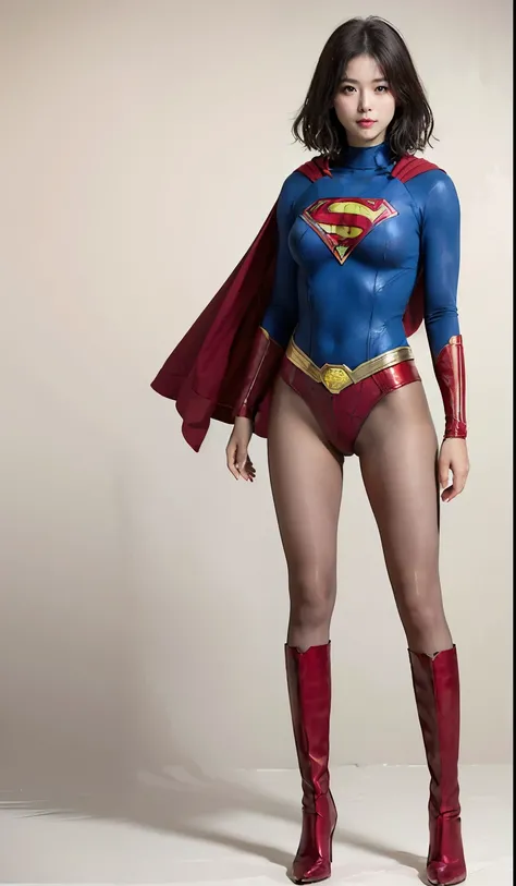 No background、(((Beautiful legs in black tights.)))、(((Legally express the beauty of your smile)))、((((Make the most of your original images)))、(((Body-hugging Supergirl costume)))、(((Supergirl Costume)))、(((Beautiful short hair)))、(((She is winking cutely...