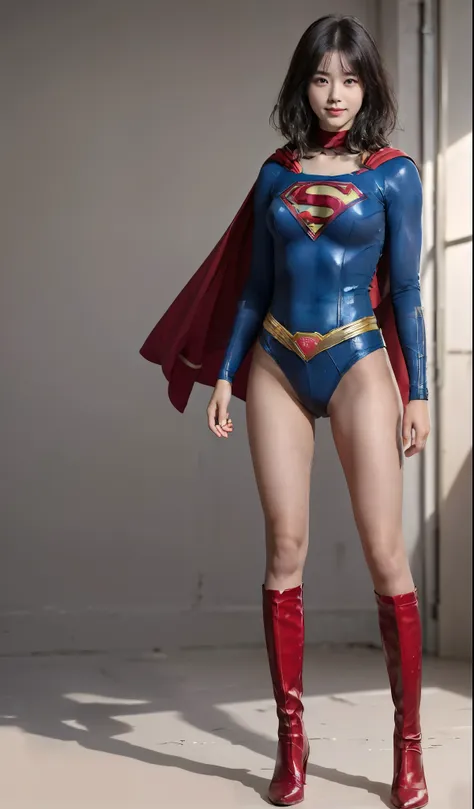 No background、(((Beautiful legs in black tights.)))、(((Legally express the beauty of your smile)))、((((Make the most of your original images)))、(((Body-hugging Supergirl costume)))、(((Supergirl Costume)))、(((Beautiful short hair)))、(((Cute Smile)))、(((Plea...