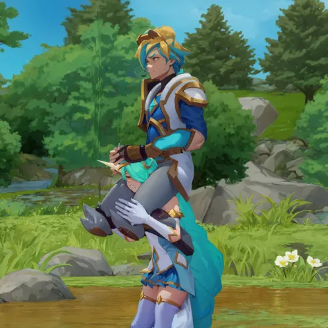 shoulder carry, size difference, angry, crying, clenched teeth, struggling, exhausted, pain, soraka, ezreal, star guardian, holding head, horn, on shoulders, heavy, forest, river, rocks, flowing water, sadistic,