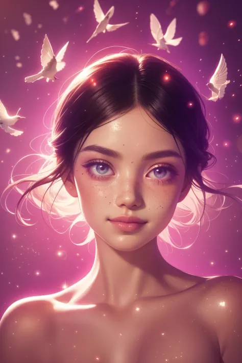 (This is a beautiful, intricate, (romatic) fantasy image that emphasizes beauty and grace.) Generate a blind curvy woman with milky eyes and soft natural freckles. Her face is important and should be (perfectly formed) with (beautiful puffy lips) and (perf...