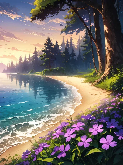 detailed background,( Calm spring night landscape), among lush greenery, Beautiful view, creeping phlox in full bloom, creeping phlox, early morning, sunrise sky, beautiful clouds, dappled sunlight, pine trees on the seashore, Depth of field, masterpiece, ...