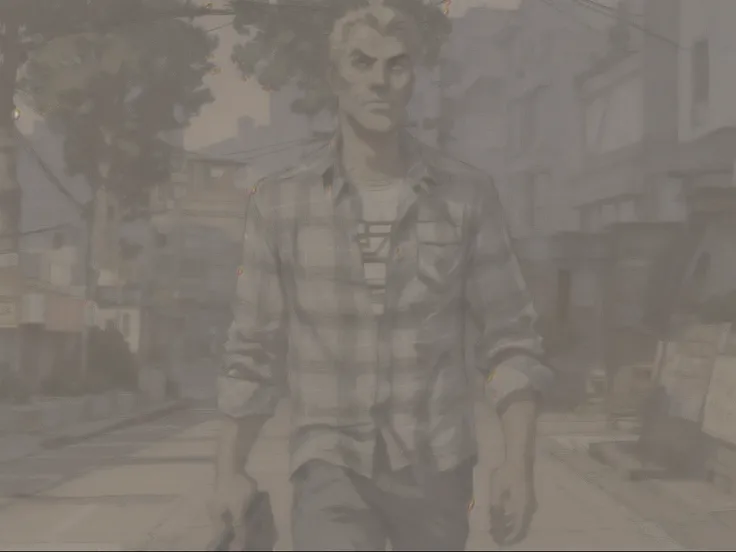 man in plaid shirt walking down a street, gta v character, 