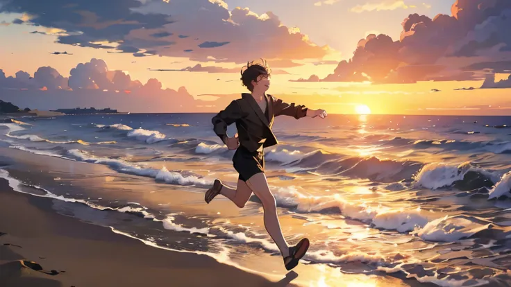 young man running on the sand 20s japanese tired screaming wide sandy beach seen very far away evening sunset setting sun ultra-...