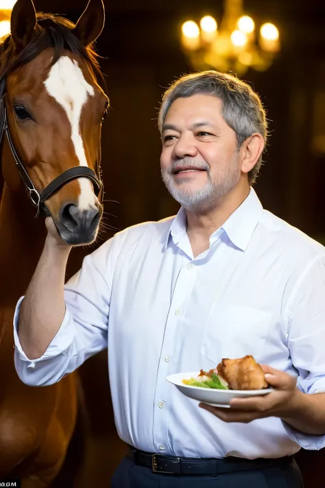 (Masterpiece, Top-quality, Best resolution: 1.3), 1 man, Presidente Lula, emphasizing on enjoying a high-quality picanha: 1.2, (a mare beside him just gazing: 1.3), formal attire, casual setting: 1.2, highly detailed facial and skin texture, a detailed eye...