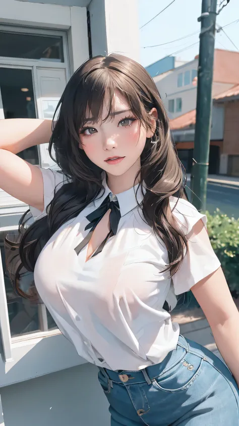 looking at viewer,high school girl,leaning forward,(random cute clothes),(random Lively pose),(Thin type),(large breasts),(random hairstyle),(Highest image quality, (8K), Ultra-realistic, Best Quality, High quality, High Definition, high quality texture, h...