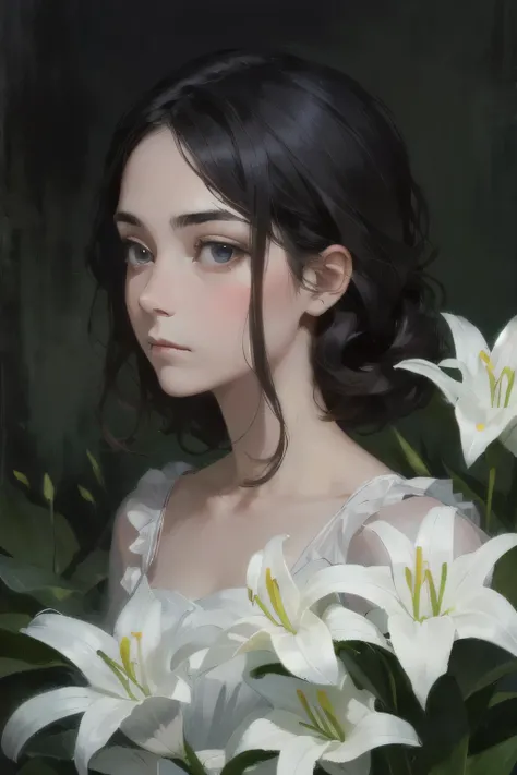 oil,highest quality,masterpiece,One girl,beautiful_face,Eyebrow_appear_Through_hair,Yuri_(flower),dress,Holding_flower,from_~ side,Lots of lilies、Sad and dark expression