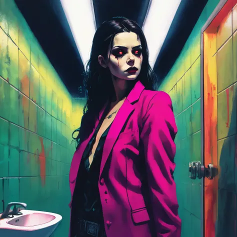 VtmArt, pintando close-up de um (Vampiro:0.4) girl in colorful blazer standing in an old and dirty public bathroom with fluorescent lighting, (Obra de arte:1.3), at night, cinematic lighting, intrinsecamente detalhado, alta qualidade, dramatic atmosphere