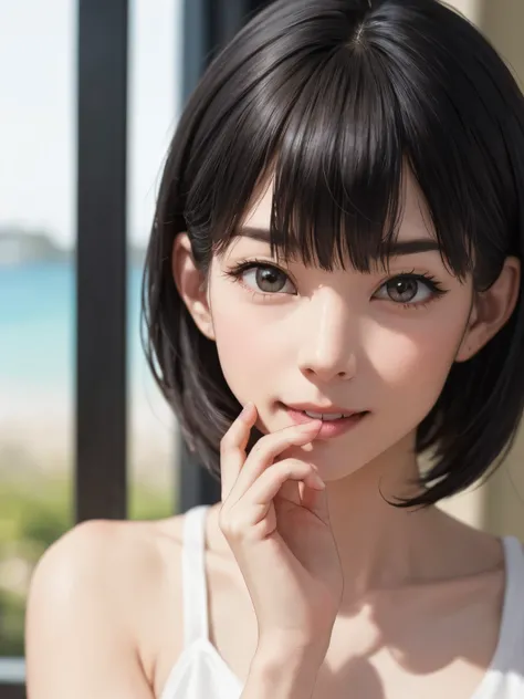 1 girl、highest quality、Realistic、alone、Written boundary depth、Natural soft light、Daytime、charm、Beautiful Face、Cleanliness、Pure Face、White skin、cute、short hair、prohibit、Beach、Light of the sun、Nedium Breast Body Esbian、((セーターを着たBeautiful Faceの黄金比 対称性のあるBeaut...