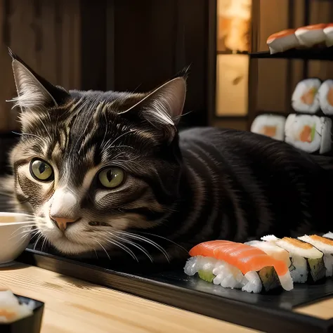 TOP quality,8K, masterpiece, (realistic:1.2), (cat:1.2), (restaurant:1.3), (sushi:1.2)