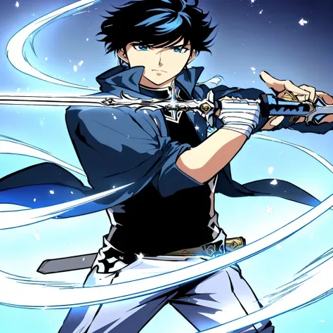 um close up de uma pessoa segurando uma espada em um desenho animado, acionar estilo de arte de anime, arte principal do anime, wielding a magical sword, epic anime style, segura uma espada, com espada grande, sword and wand – water, dual wielding two magi...