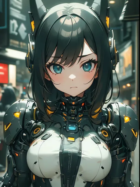 Ultra detailed,  girl serious face,  Robotic Hands , fully robotic  , soldier girl. Cyberpunk  , leds . Hands mechanical. Large mechanical. 