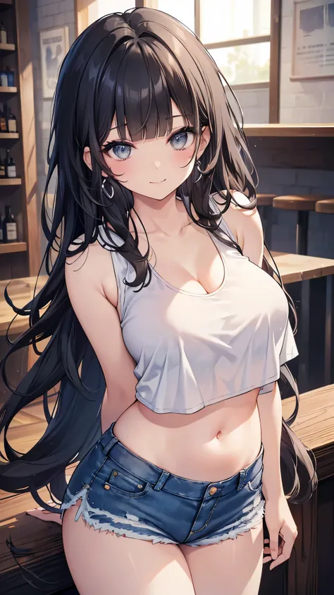 (8k、Best image quality、highest quality、masterpiece)、Detailed face、One girl、Black Hair、((blunt bangs))、Long Wavy Hair、Grey Eyes、smile、Earrings、((Very large breasts))、((white tank top))、belly button、((denim short shorts,))、Big Ass、Cowboy Shot、BAR Background
