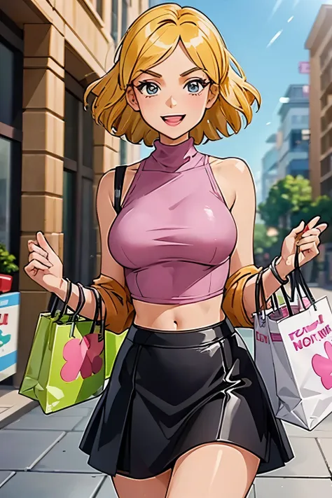 clover_from_totally_spies wearing a pink_turtleneck_top and a  black_leather_jacket, skirt, midriff, short blonde hair, gentle_a...