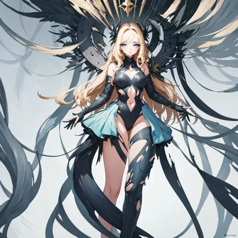 Full-body image a girl with wavy blonde hair, light blue eyes, a perfectly symmetrical face, wearing torn, fantasy-themed clothing. The background should be a solid color to ensure the focus remains on the girl. Emphasize image quality, paying close attent...