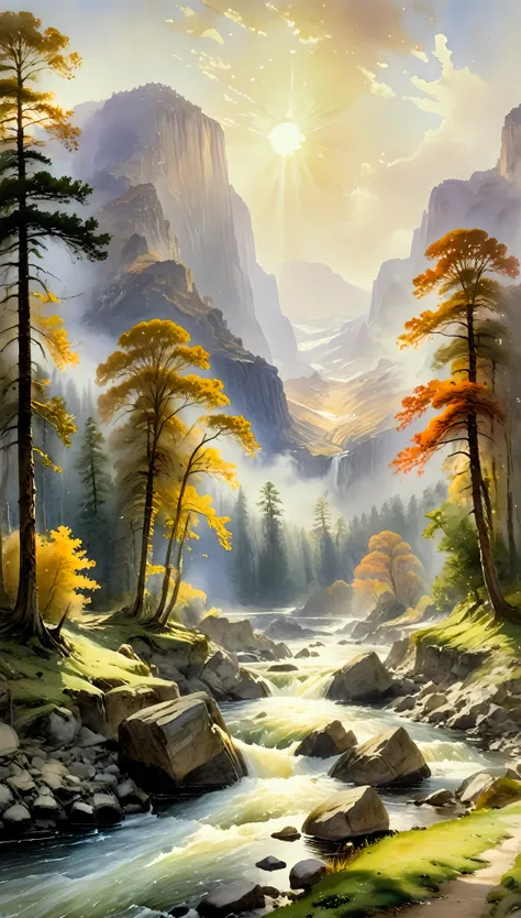 Create an image that captures the essence of classical art and award-winning painting, drawing inspiration from Thomas Moran watercolor paintings. Visualize a enchanting watercolor painting of majestic Nature landscape. The landscape should be meticulously...