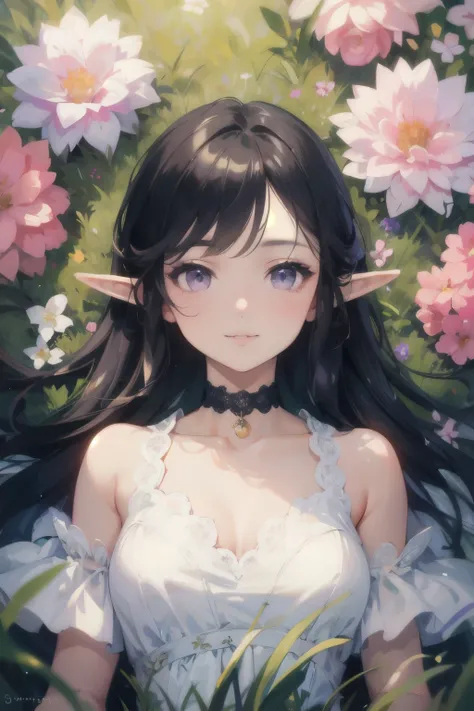 ((best quality)), ((masterpiece)), (detailed), perfect face, elf, black hair, long hair, purple eyes, dress, flowers, pink flowers, happy, sunny, green grass, lawn, lace choker, romantic, soft smile, looking at viewer, portrait, ribbons