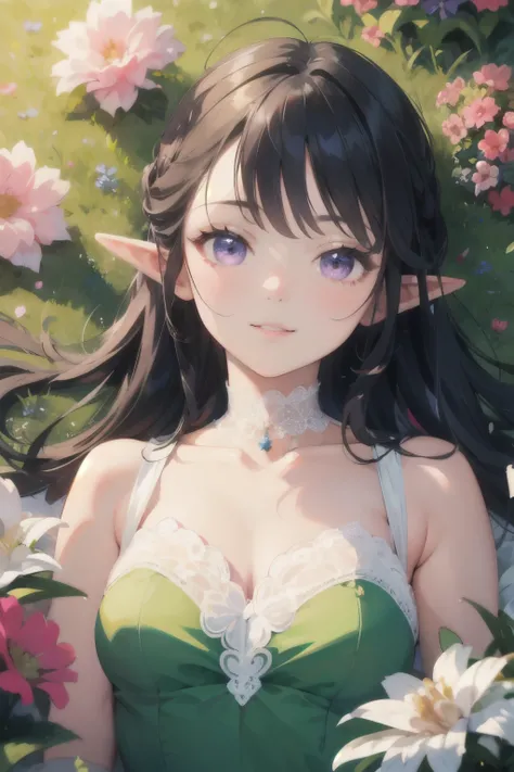((best quality)), ((masterpiece)), (detailed), perfect face, elf, black hair, long hair, purple eyes, dress, flowers, pink flowers, happy, sunny, green grass, lawn, lace choker, romantic, soft smile, looking at viewer, portrait, ribbons