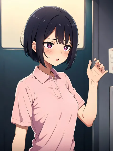 1. Beautiful woman in a pink polo shirt, Short sleeves Short hair, Small breasts,Black Hair, Hospital Beautiful Cute High Quality Saliva Feel Perfect Fingers Naked Blowjob Perfect Male Organ Perfect Hands  Troubled Face Reluctant