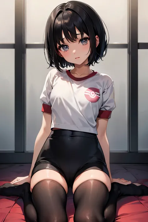 Erica、Pokémon、Black Hair、Short Hair、((Short leggings))、Photo from below、Medium chest、Bedroom、One girl、Red ribbon on head、((Gym clothes with short sleeves))、(Black thigh-high socks)、Poop sitting