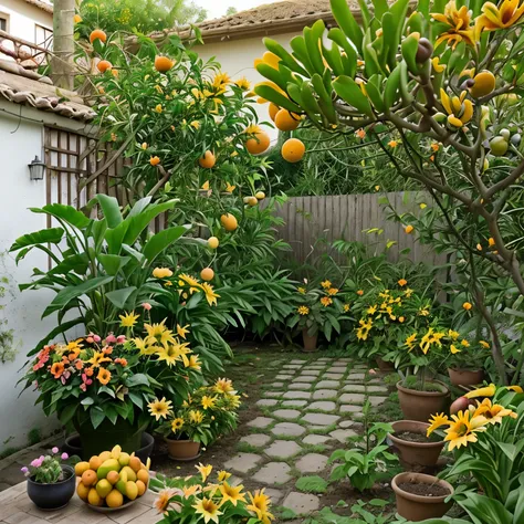 Digujo of a garden with oranges, banana, mango, bugambilias, gerberas, girasoles y rosas, a small garden with yerbabuena and arnica