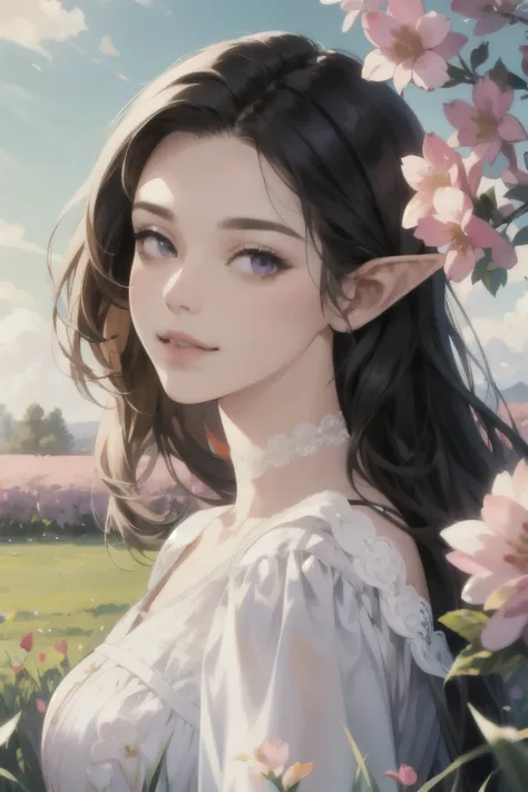 ((best quality)), ((masterpiece)), (detailed), perfect face, elf, black hair, long hair, purple eyes, dress, flowers, pink flowers, happy, sunny, green grass, lawn, lace choker, romantic, soft smile, looking at viewer, portrait, ribbons