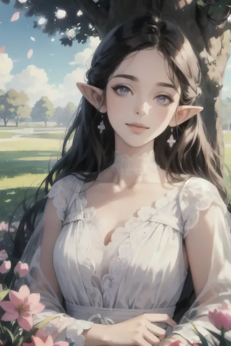 ((best quality)), ((masterpiece)), (detailed), perfect face, elf, black hair, long hair, purple eyes, dress, flowers, pink flowers, happy, sunny, green grass, lawn, lace choker, romantic, soft smile, looking at viewer, portrait, ribbons, under tree