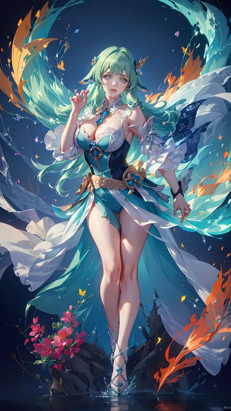 (((FULL BODY POSE))) (((SHOW PANTIES))) (((BIG GIANT BOOBS))) (((GREEN HAIR))) ((GOOD FINGER, ANATOMY CORRECTED)) (((GREENLUXURY ARISTOCRATIC NOBLE COSTUME WITH FOX FUR TAILS))) | A WOMEN WEAR ((SEXY OUTFIT)) FLOATING IN THE WATER ((BLUE SKY BACKGROUND)) (...