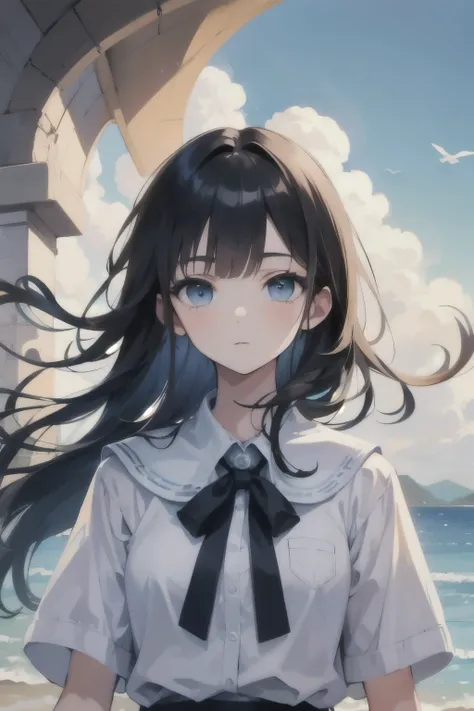 ((best quality)), ((masterpiece)), (detailed), perfect face, young girl, black hair, shoulder length hair, short bangs, bangs above eyebrows, sky blue eyes, deep blue eyes, white and blue preppy dress, smart eyes, expressed look, neutral face