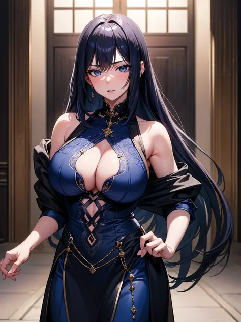 (masterpiece), best quality, highly detailed faces, (SHARP details), 4k, highly detailed, expressive eyes, SHARP detail expressive eyes, (SHARP detail perfect face), long hair, 20 year old woman, standing, courtesan dress, dark-blue hair, indoors, clothed,...