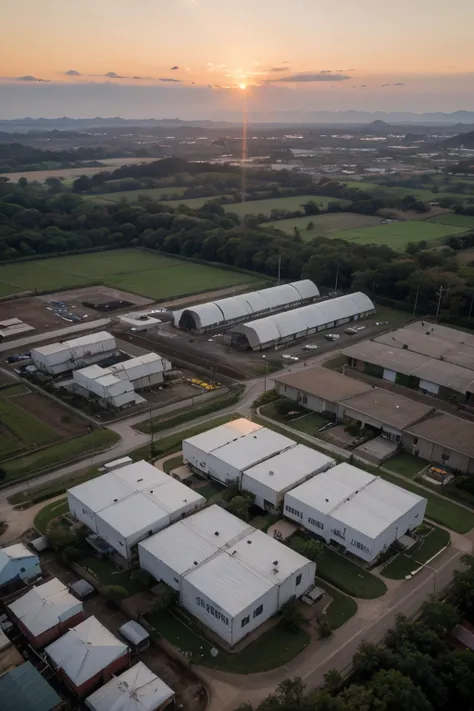 ((melhor qualidade)), ((Obra de arte)), (detalhado), Industrialized city in Brazil with a large flour plantation on the left and a sunset