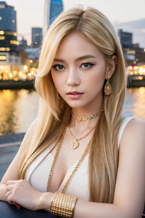 highest quality, Ultra-high resolution, (Realistic:1.4), Beige setup、Gold Necklace、Gold bracelet、Japanese、Gal、Blonde、blue eyes、cute、London cityscape in the background