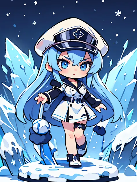 (artwork, best quality) 1 girl with long blue hair, blue eyes, blue eyelashes, white sailor suit with captain hat, big breasts, ...