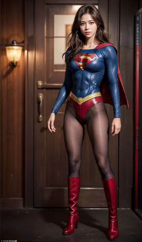 No background、(((Beautiful legs in black tights.)))、(((Legally express the beauty of your smile)))、((((Make the most of your original images)))、(((Body-hugging Supergirl costume)))、(((Supergirl Costume)))、(((Beautiful short hair)))、(((She is winking cutely...