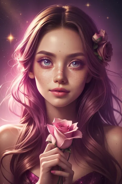 (This is a beautiful, intricate, (romatic) fantasy image that emphasizes beauty and grace.) Generate a blind curvy woman with milky eyes and soft natural freckles. Her face is important and should be (perfectly formed) with (beautiful puffy lips) and (perf...