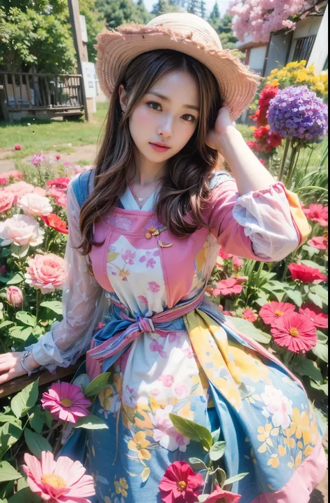 (best quality,4k,8k,highres,masterpiece:1.2),ultra-detailed,(best quality,realistic:1.2),lovely woman,japanese girl, ultimately cute face, field of poppy flowers,sheer yellow floral print summer dress,sunset,play,joy,beauty,harmony,portrait,soft lighting,v...