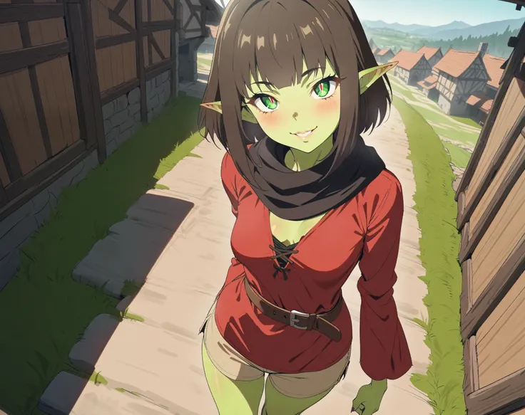 (Masterpiece, best quality, highres) {{Artist: Sincos}} 1 goblin woman, solo, mature, very short height, short, 30 years old, fully green skin, sharp eyes, green eyes, sharp ears, lips, thick ass, small breasts, short hair, bangs, brown hair, straight hair...