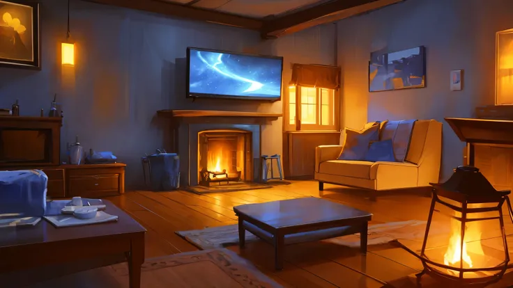 visual novel background, fantasy house interior with fireplace, night time, window outside with night sky, rocking chair near fireplace, extremely detailed