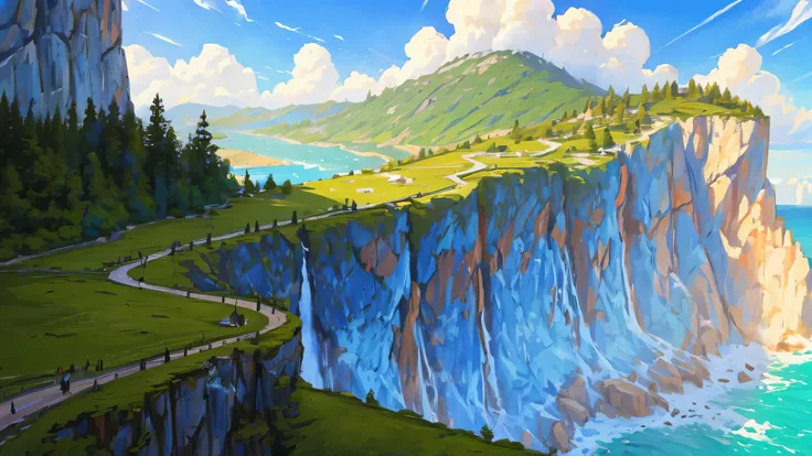 visual novel background, cliff overlooking massive walled kingdom, cliffside view, bright day sky, forest trees underneath cliff, extremely detailed