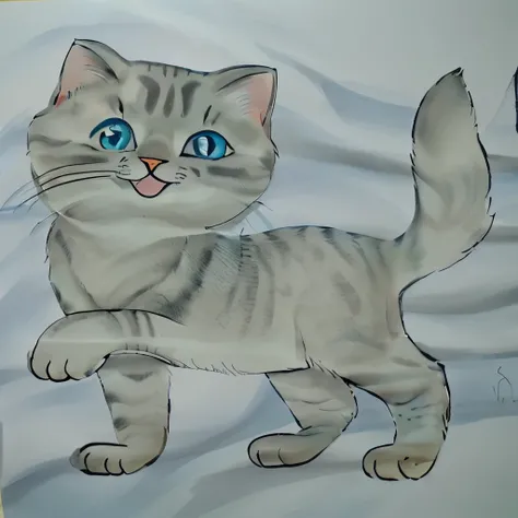 drawing of a cat with blue eyes and tongue sticking out, pintura de um gato, a pintura de um gato, in a pintura de um gato, inspirado em Louis Wain, anthropomorphic cat, ready anthropomorphic, inspirado em George Wyllie, powder Nándor Katona, um gato fofo,...